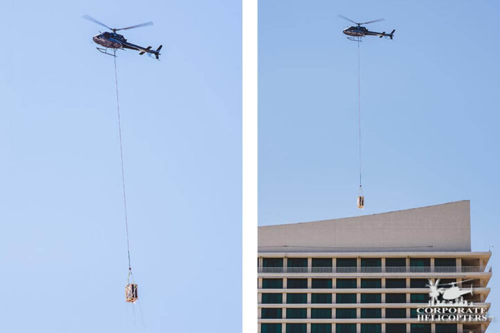 Two photos showing a helicopter lifting an HVAC unit via longline to the top of a building