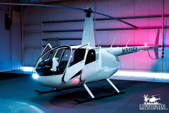 2019 Robinson R44 Raven I with lights on in a hangar
