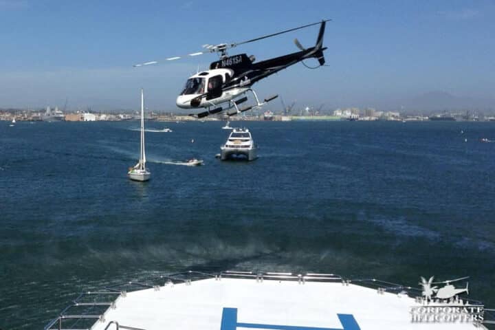 Corporate Helicopters' story helicopter landing on Yacht in San Diego Bay,