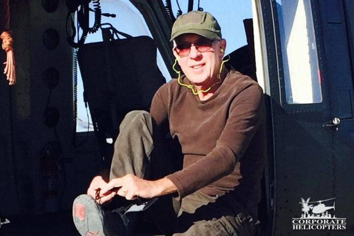 Ivor Shier sits in a helicopter on the set of Maze Runner: The Scorch Trails -