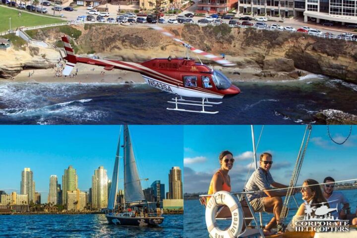 Collage of photos: A helicopter flies over coastline, a boat sailing, and people on the boat