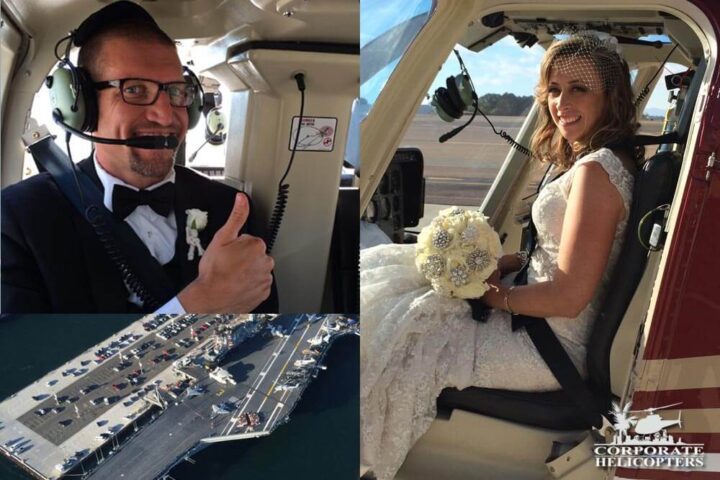 Photo collage: A bride and groom in a helicopter, the USS Midway by air