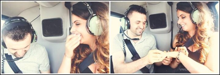 Two photos of a marriage proposal on a helicopter (Photo credit: Vaylia Photography)