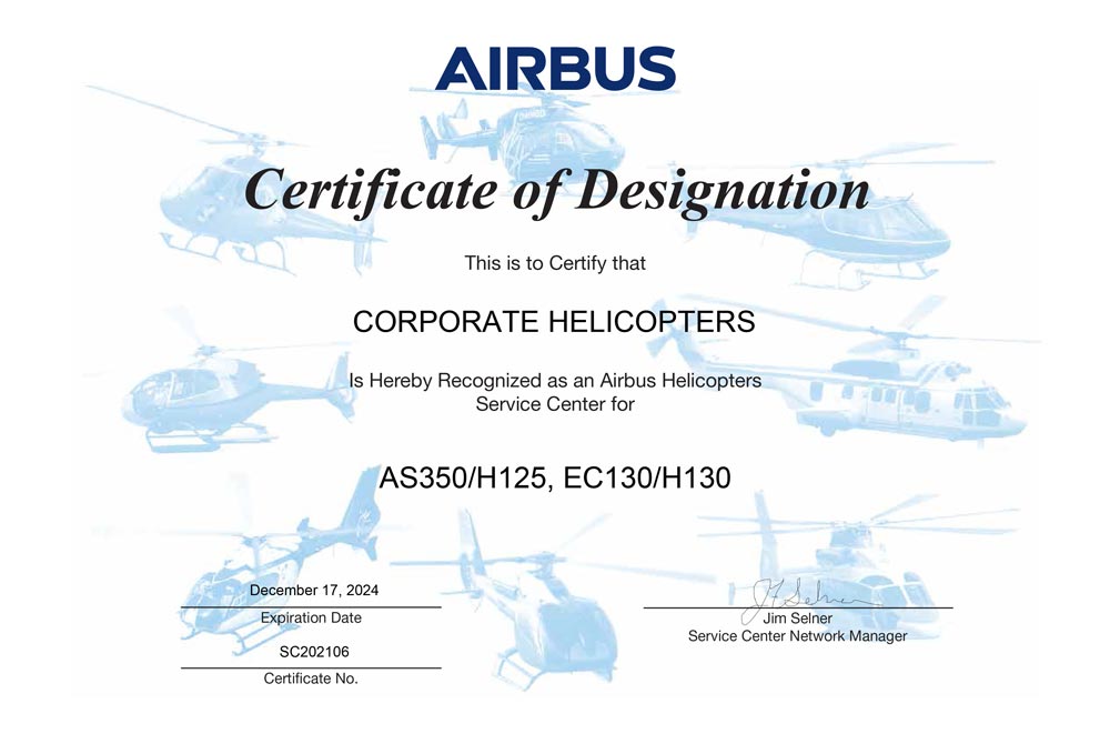Airbus Certificate of Designation certifies Corporate Helicopters as an authorized service center for AS350/H125, EC130/H130