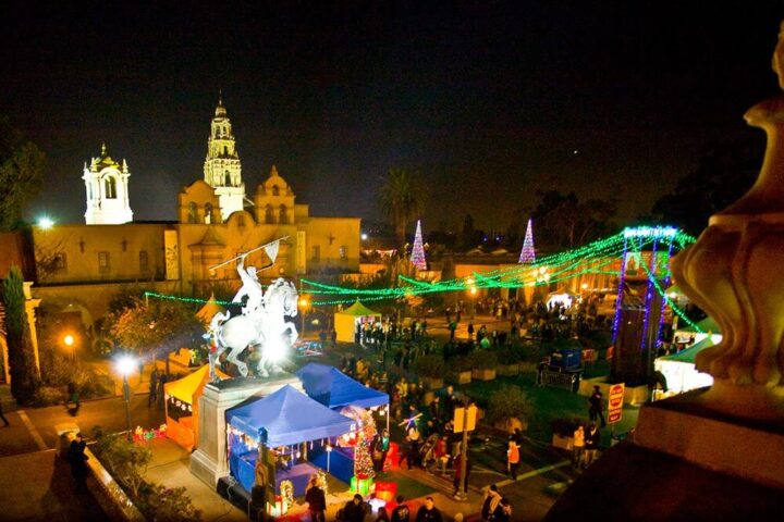 Balboa Park brightly lit at night during December Nights