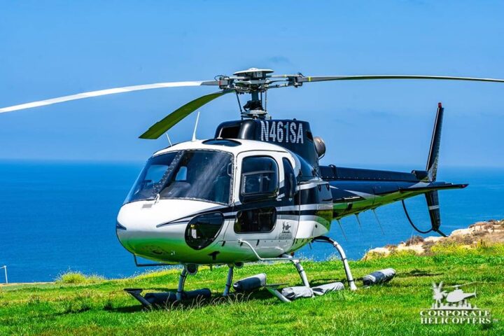 A helicopter landed on a grassy field overlooking the Pacific Ocean