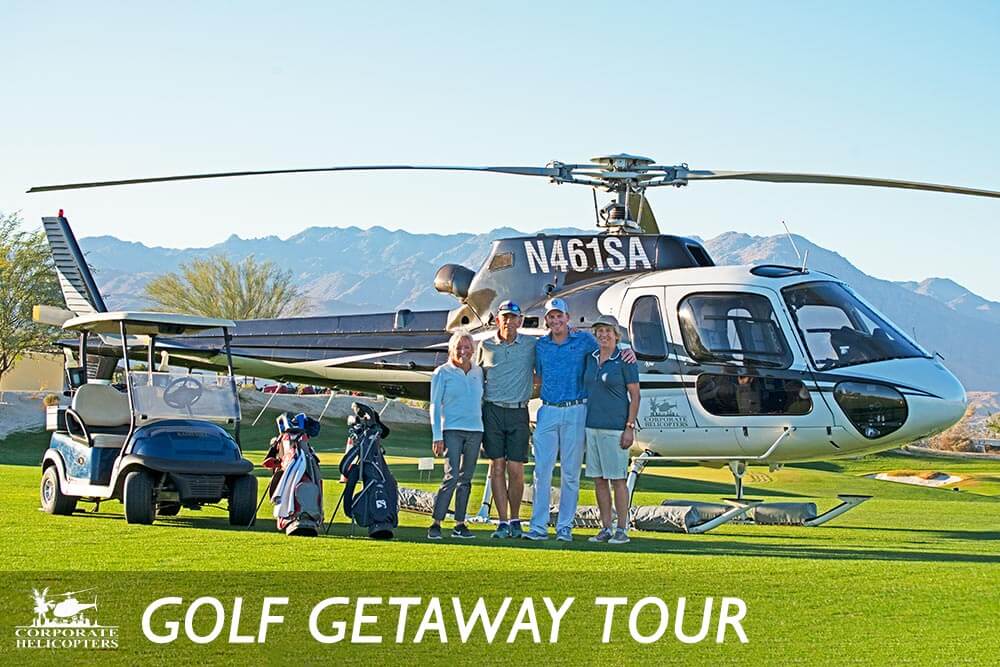 Golf Getaway tour. Four golfers stand in front of a helicopter