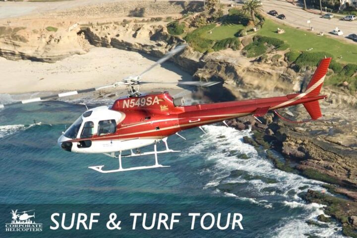 Surf & Turf Tour: A heicopter flies over a beach