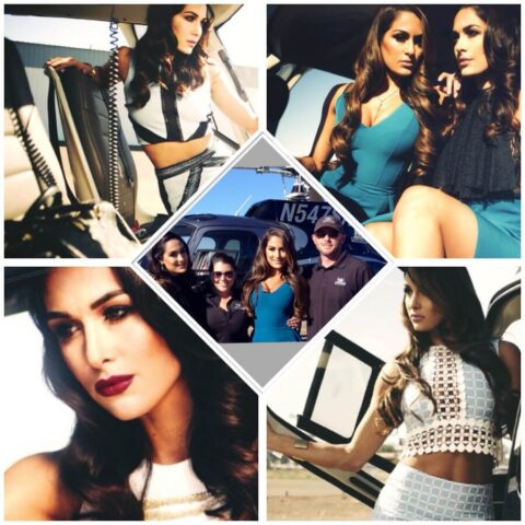 Photo collage of The Bella Twins in and next to a helicopter