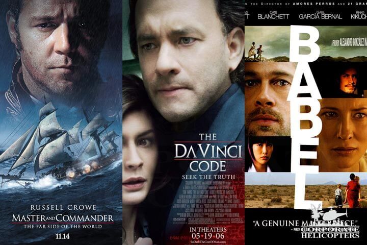 Photo collage of movie posters from Master & Commander, The Da Vinci Code and Babel.