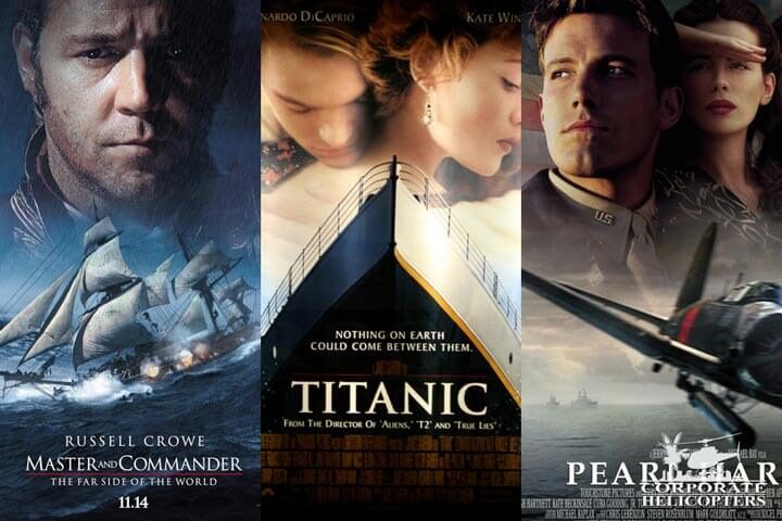 Collage of 3 movie posters: Master & Commander,Titanic, Pearl Harbor