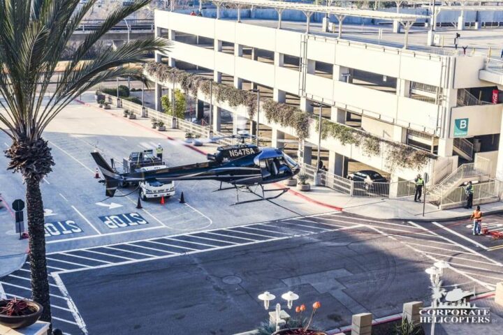 A helicopter landing the Fashion Valley Mall in San Diego