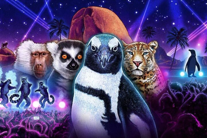 Artist collage of multiple animals with an 80's neon theme, promoting Nighttime Zoo at the San Diego Zoo