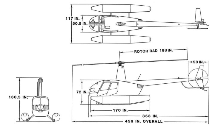 Dimensions of an R44 Clipper with fixed-utility floats