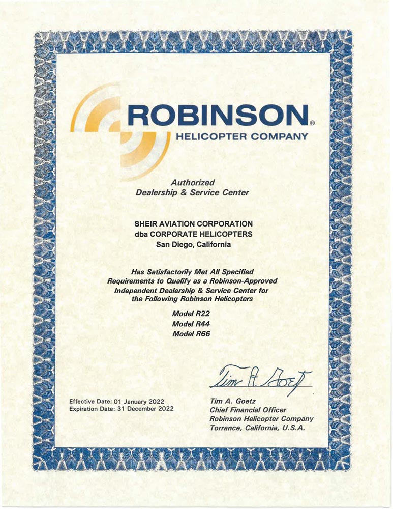 Robinson Certificate of Designation certifies Corporate Helicopters as an authorized service center for R22, R44 & R66 helicopters