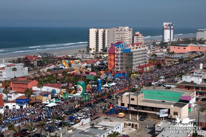 Aerial view of a large crowd at the rosarito ensenada bike race