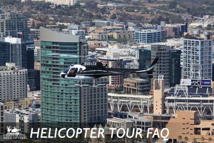 Helicopter in flight over downtown San Diego. Text reads: Helicopter Tour FAQ