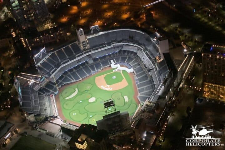 Petco Park. Shot during the 'San Diego City Lights' holiday night time helicopter tour from Corporate Helicopters.