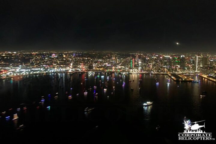 Night time Aerial shot of San Diego Bay during the Parade of Lights