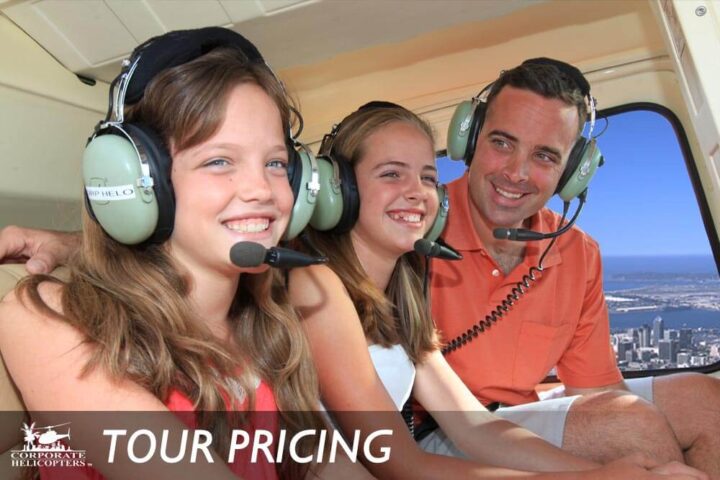 Father and two daughters inside a helicopter cabin in flight. Text reads: Tour Pricing
