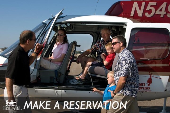Family boarding a helicopter with doors open. Text reads: Make a reservation.
