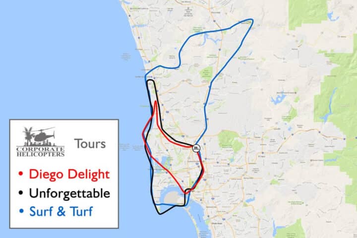 Approximate flight routes for the 3 main tours from Corporate Helicopters. . Call (858) 505-5650 if you need a detailed description.