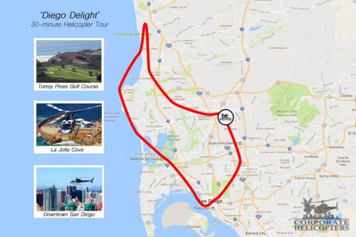 Approximate route of the Diego Delight Tour. Call (858) 505-5650 if you need a detailed description.