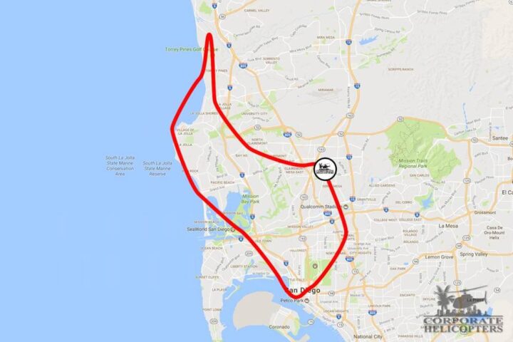 Approximate flight route of the Diego Delight helicopter tour. Call (858) 505-5650 if you need a detailed description.
