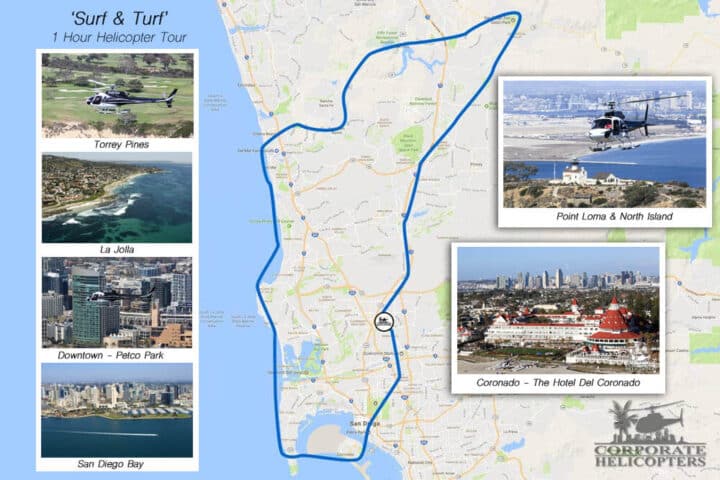 Approximate route of the Surf & Turf Helicopter Tour. Call (858) 505-5650 if you need a detailed description.