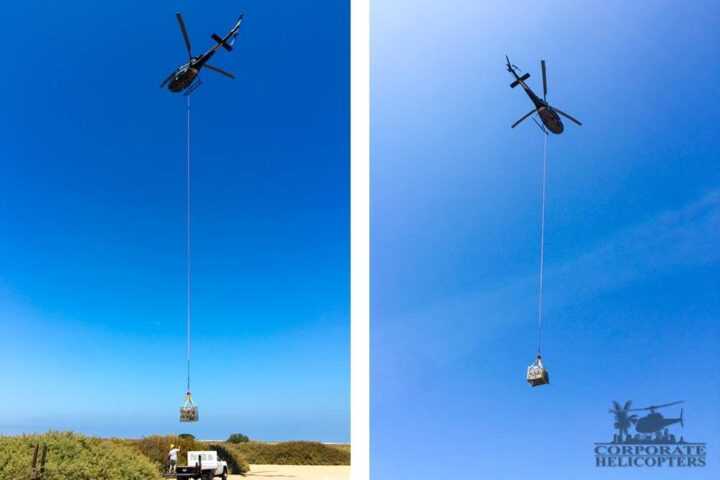2 photos of a helicopter utility lifting of large batteries